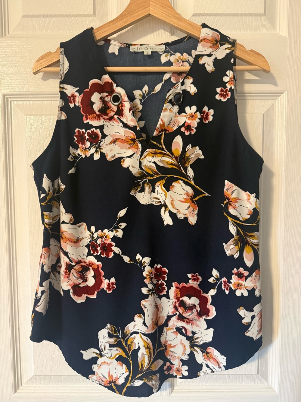 cleo Navy Floral V-Neck Sleeveless Tank with Grommet Detail